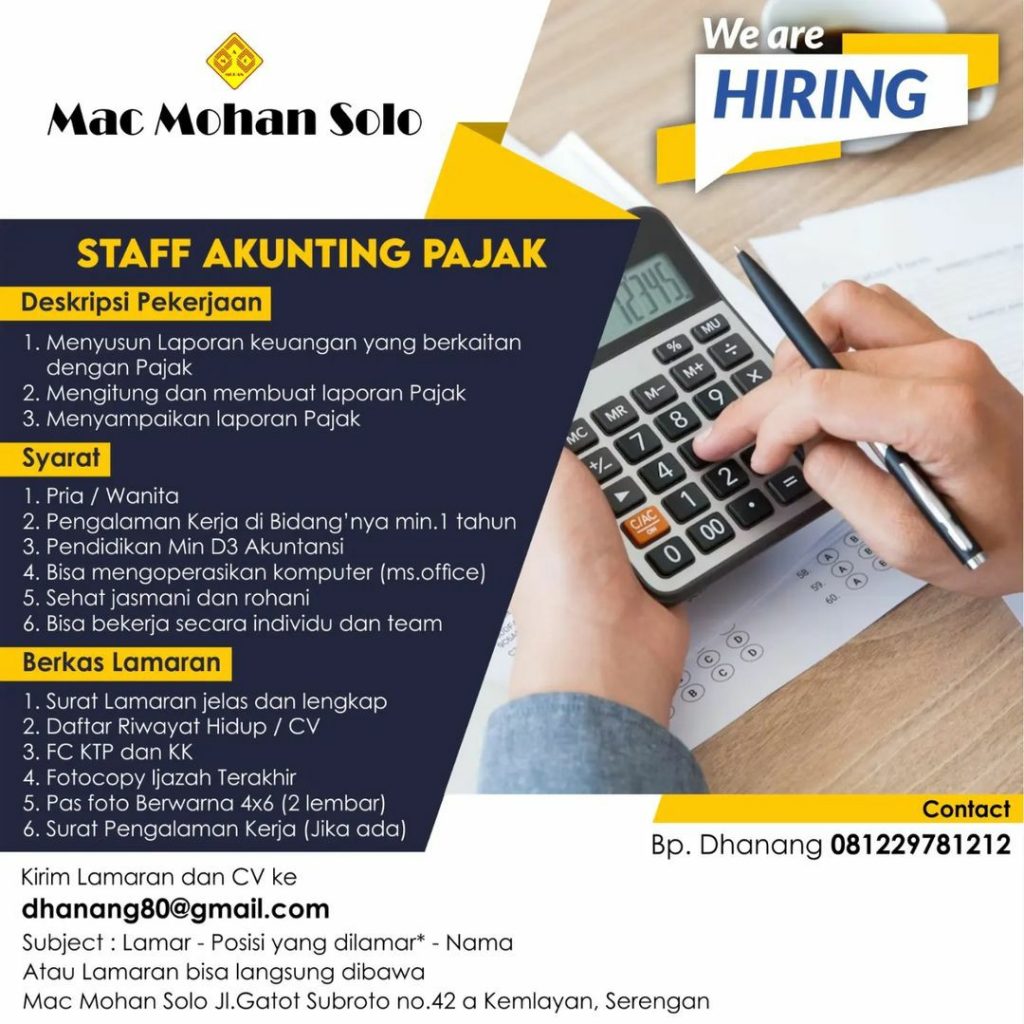 Lowongan Kerja April 2023 Staff Accounting Pajak Mac Mohan di Solo ...