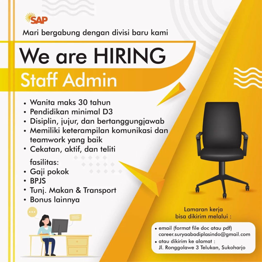 Lowongan Kerja April 2023 Staff Admin Surya Abadi Plasindo di Solo ...