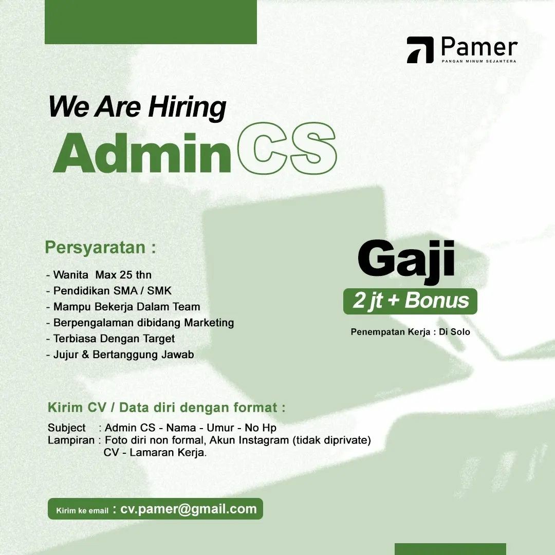Lowongan Kerja Mei 2023 Admin Customer Service CV Pamer di Solo - INFO ...