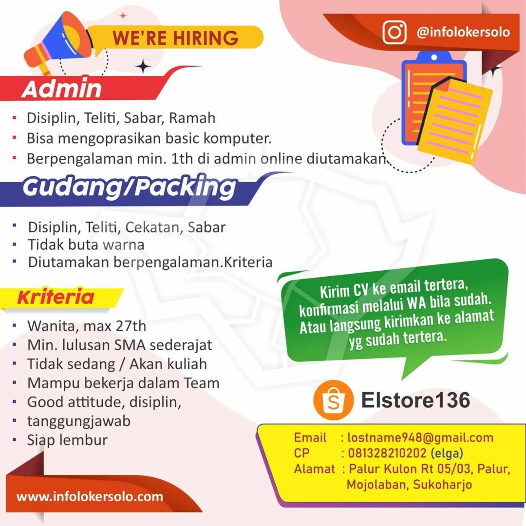 Lowongan Kerja Mei 2023 Admin Elstore136 di Solo - INFO LOKER SOLO