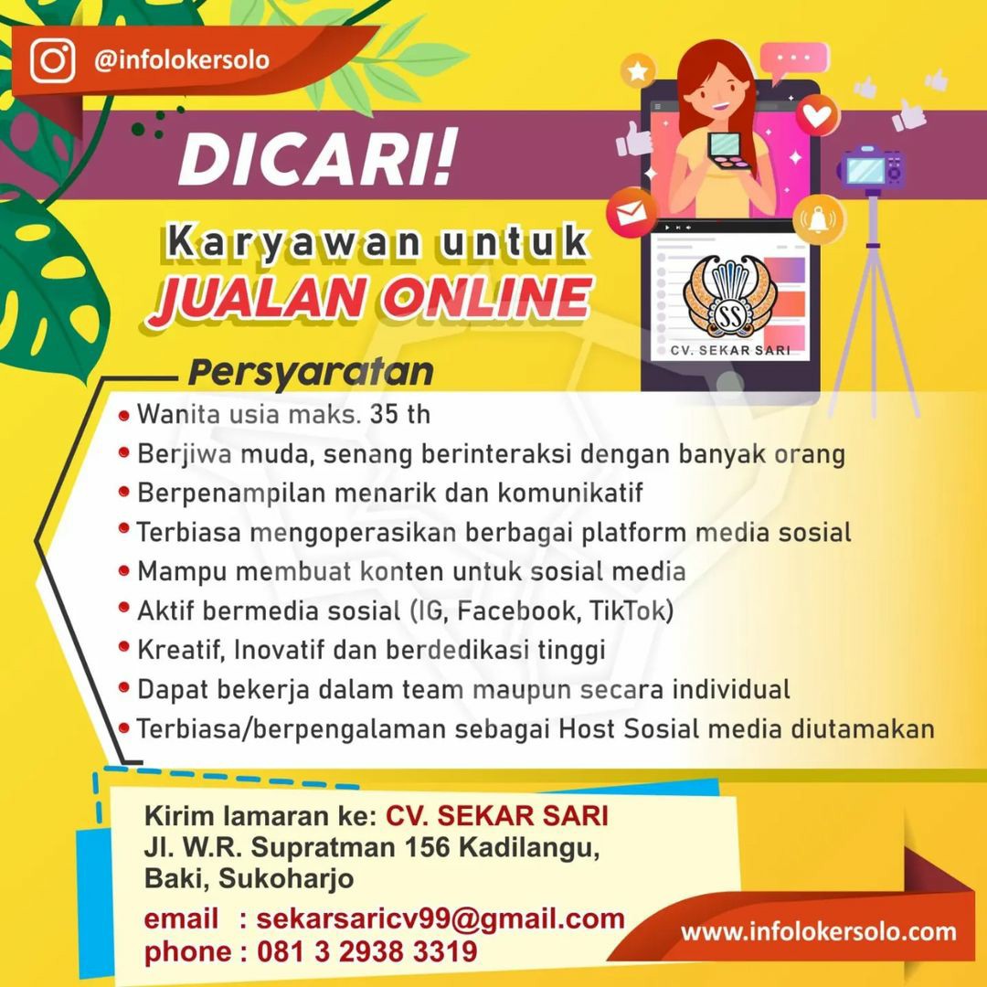 Lowongan Kerja Mei 2023 Admin Online CV Sekar Sari Sukoharjo - INFO ...