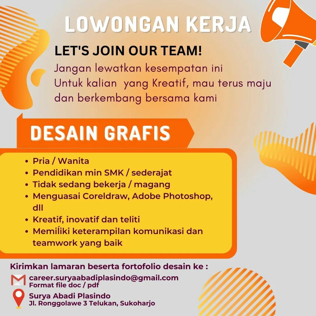 Lowongan Kerja Mei 2023 Desain Grafis Surya Abadi Plasindo di Solo ...