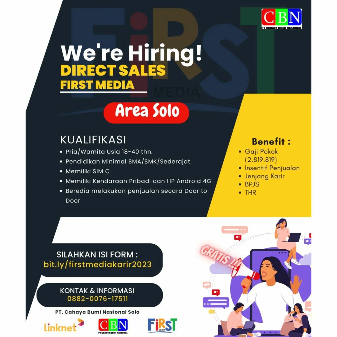 Lowongan Kerja Mei 2023 Direct Sales First Media Area Solo - INFO LOKER ...