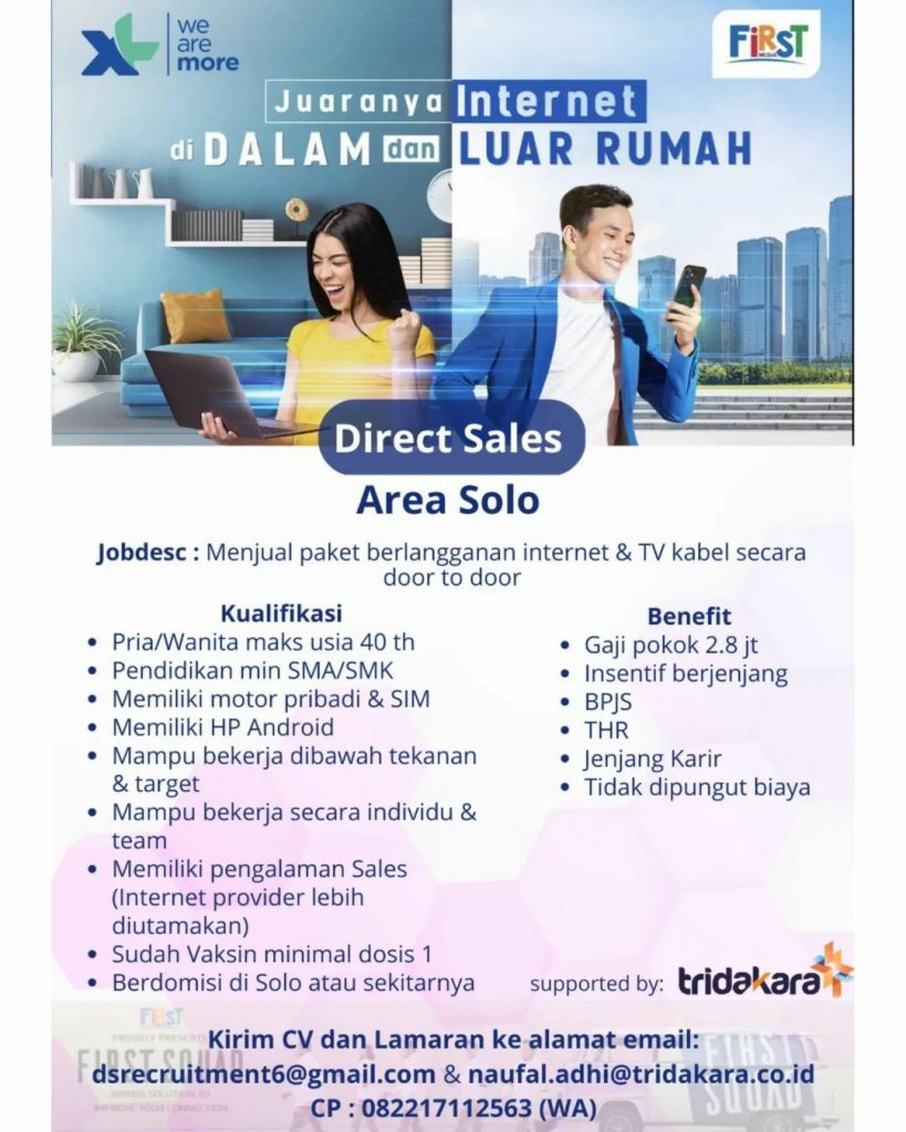 Lowongan Kerja Mei 2023 Direct Sales Internet Tridakara di Solo - INFO ...