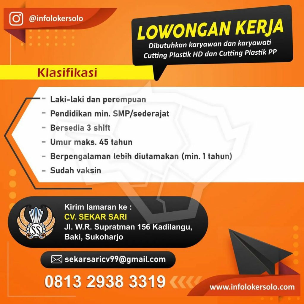 Lowongan Kerja Mei 2023 Karyawan CV Sekar Sari Sukoharjo - INFO LOKER SOLO