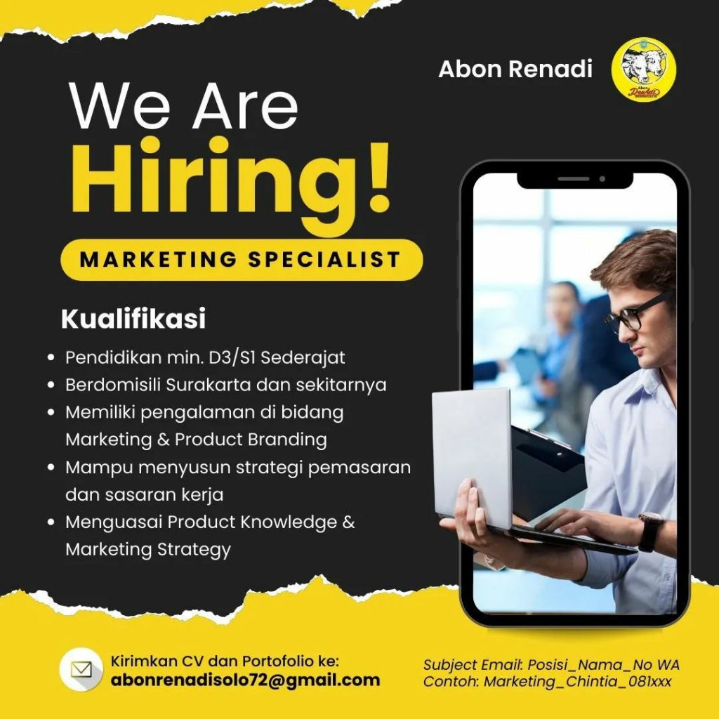Lowongan Kerja Mei 2023 Marketing Specialist Abon Renadi di Solo - INFO ...