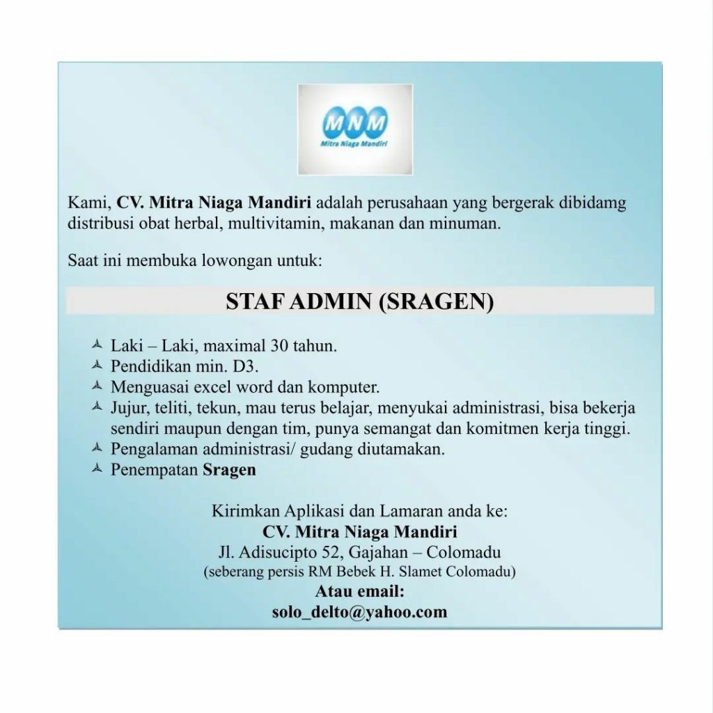 Lowongan Kerja Mei 2023 Staff Admin CV Mitra Niaga Mandiri di Solo ...