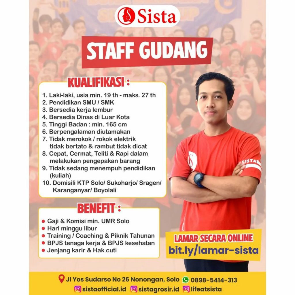 Lowongan Kerja Mei 2023 Staff Sista Group di Solo - INFO LOKER SOLO