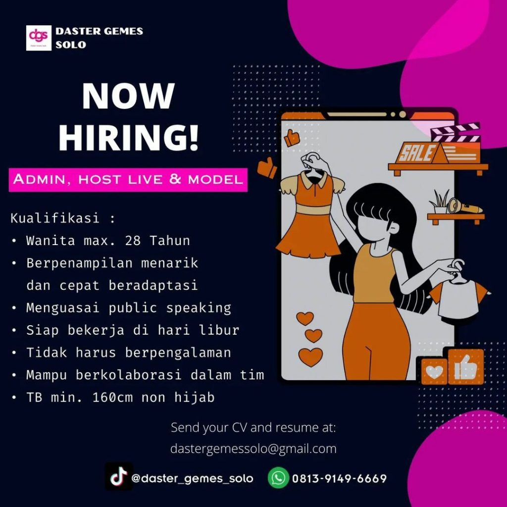 Lowongan Kerja Juni 2023 Admin Host Live Daster Gemes di Solo - INFO ...