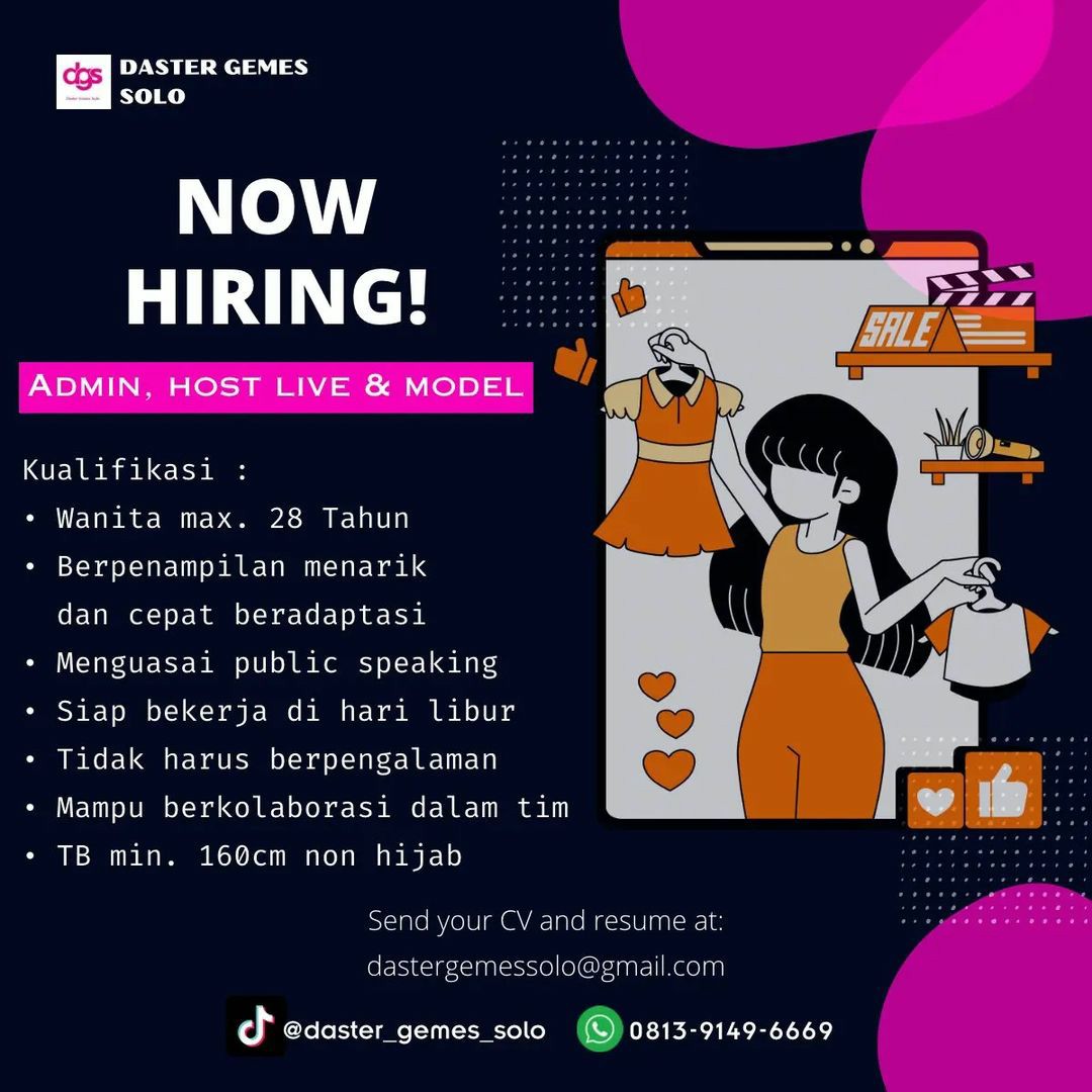 Lowongan Kerja Juni 2023 Admin Host Live Daster Gemes di Solo - INFO ...