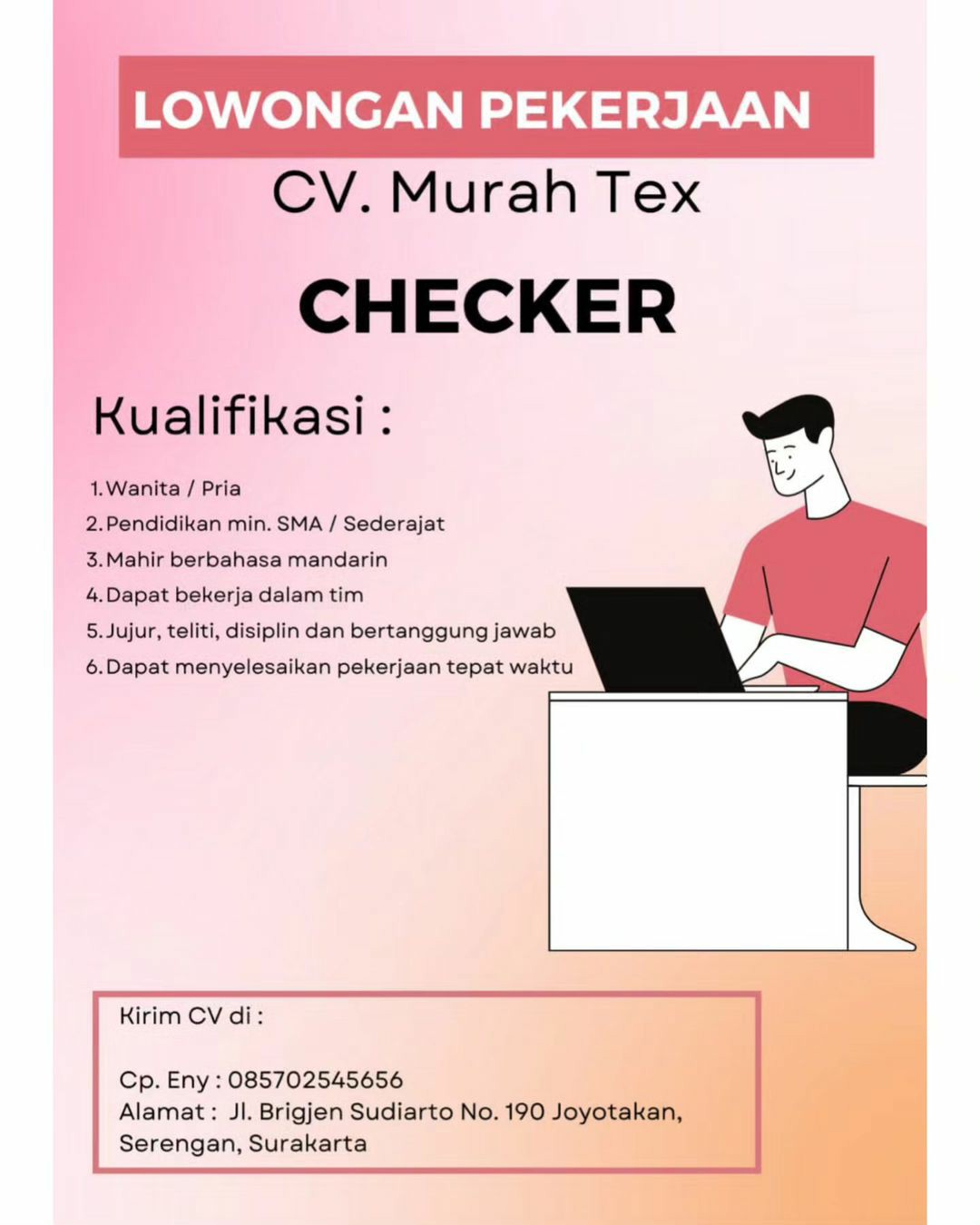 Lowongan Kerja Juni 2023 Checker CV Murah Tex di Solo - INFO LOKER SOLO