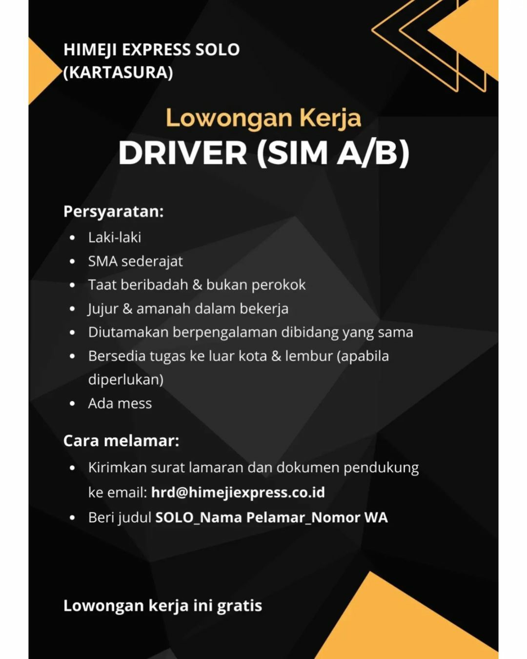 Lowongan Kerja Juni 2023 Driver Himeji Express di Solo - INFO LOKER SOLO