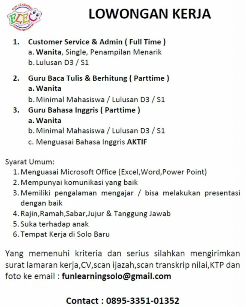 Lowongan Kerja Juni 2023 Fun Learning Education Center di Solo - INFO ...
