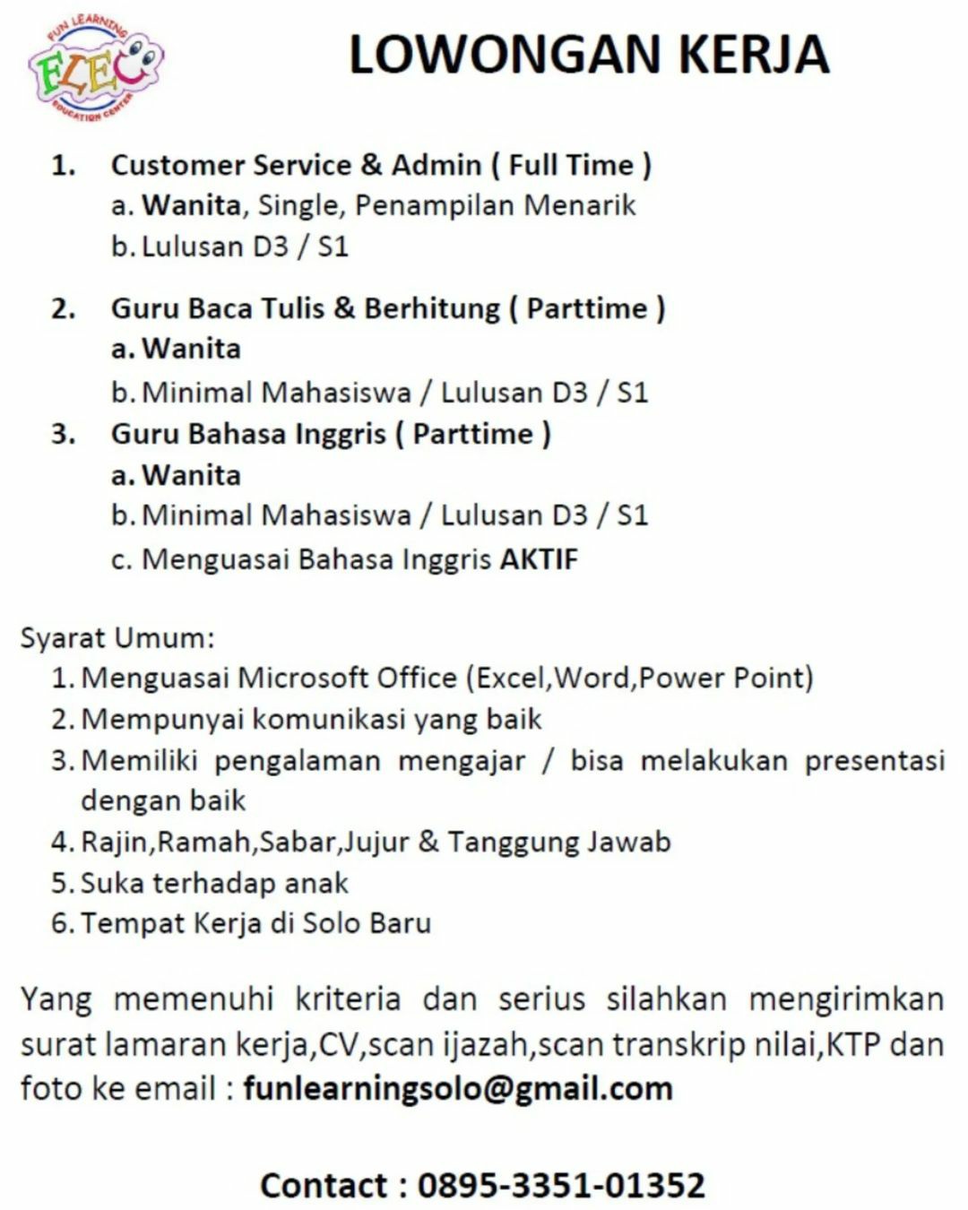 Lowongan Kerja Juni 2023 Fun Learning Education Center di Solo - INFO ...