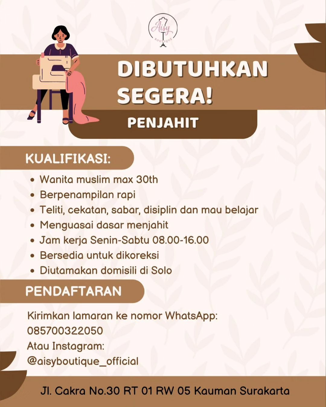Lowongan Kerja Juni 2023 Penjahit Aisy Boutique di Solo - INFO LOKER SOLO