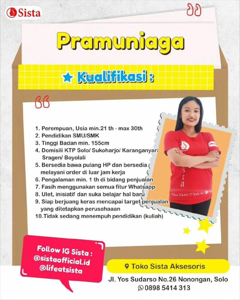 Lowongan Kerja Juni 2023 Staff Admin Sista Group di Solo - INFO LOKER SOLO