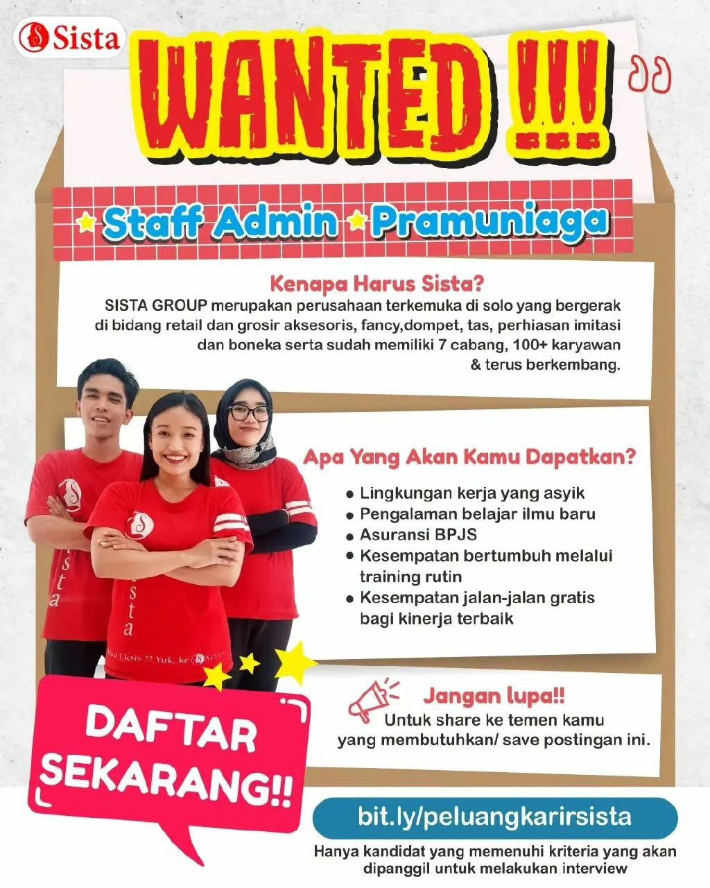 Lowongan Kerja Juni 2023 Staff Admin Sista Group di Solo - INFO LOKER SOLO