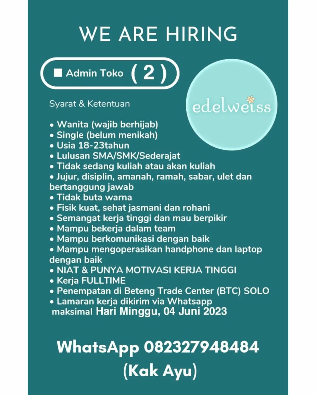 Lowongan Kerja Mei 2023 Admin Store Edelweiss di Solo - INFO LOKER SOLO