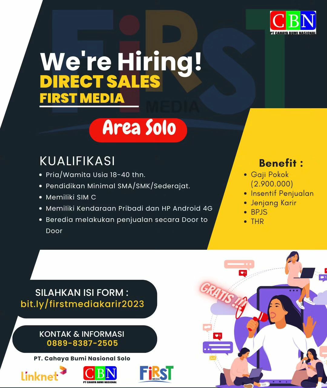 Lowongan Kerja Juli 2023 Direct Sales Internet PT Cahaya Bumi Nasional ...