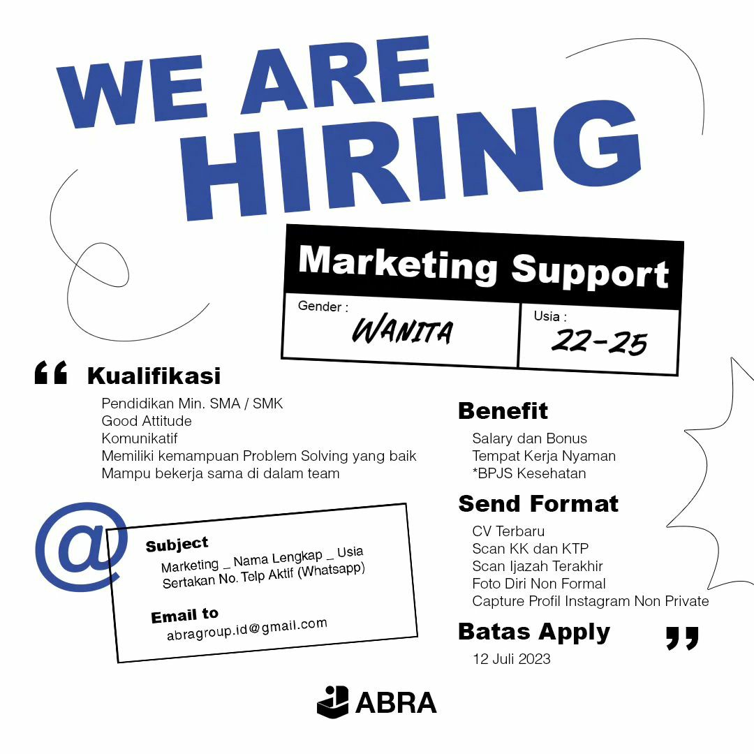 Lowongan Kerja Juli 2023 Marketing Support CV Abra Group di Solo - INFO ...