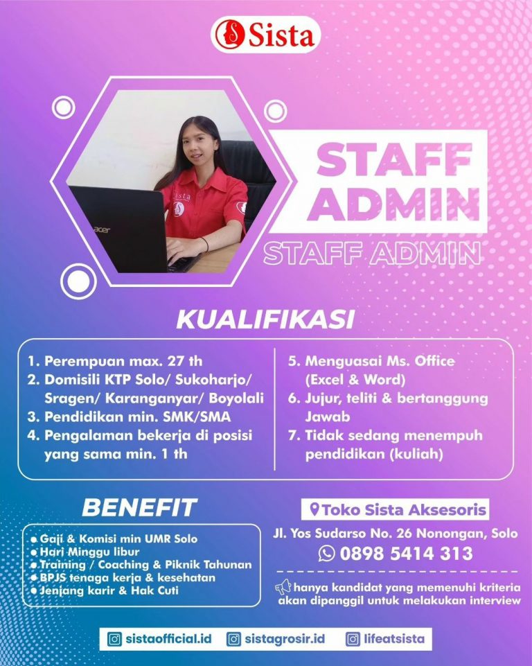 Lowongan Kerja Juli 2023 Staff Admin Sista Group di Solo - INFO LOKER SOLO