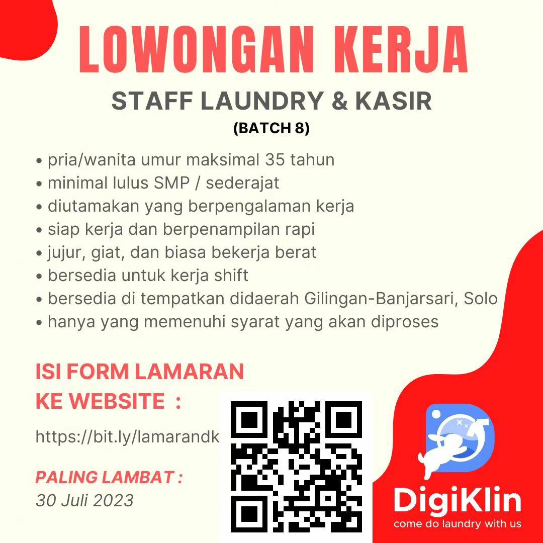 Lowongan Kerja Juli 2023 Staff Laundry Digiklin di Solo - INFO LOKER SOLO