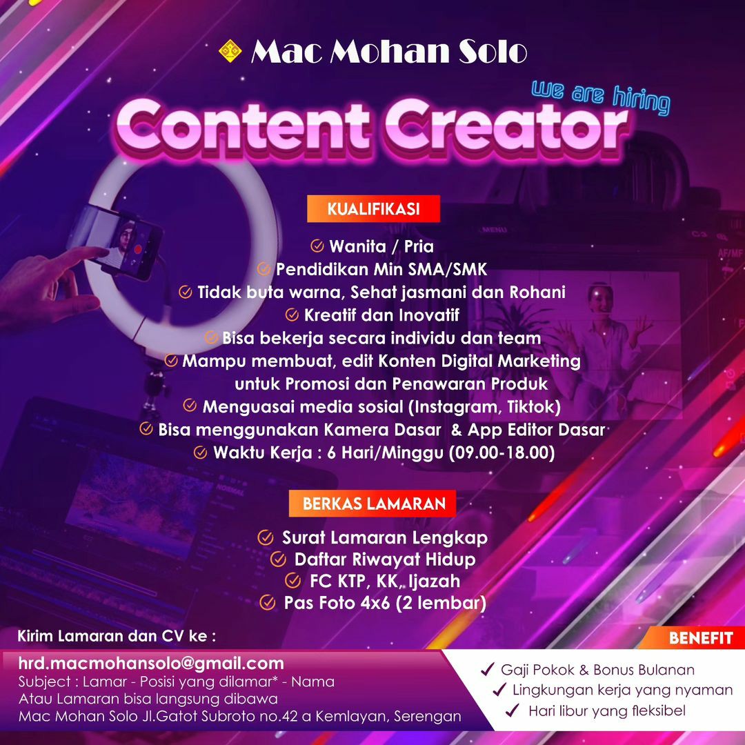 Lowongan Kerja Agustus 2023 Content Creator Mac Mohan di Solo - INFO ...