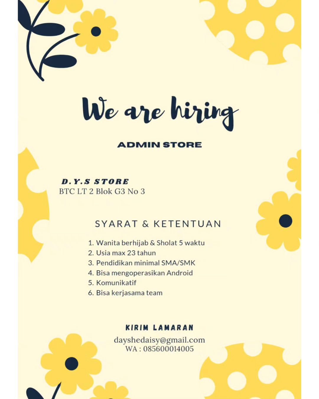 Lowongan Kerja Oktober 2023 Admin DYS Store di Solo - INFO LOKER SOLO