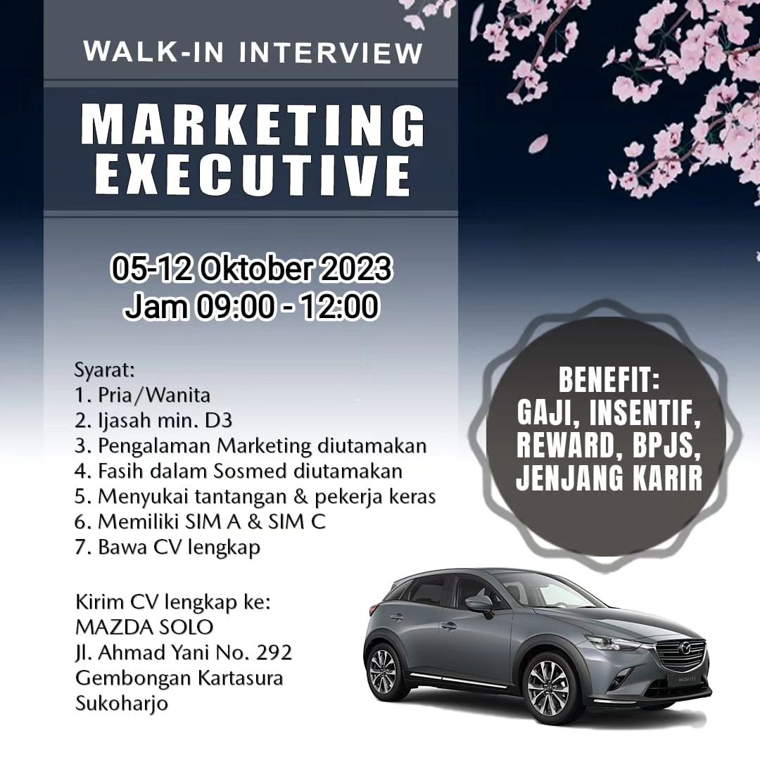 Lowongan Kerja Oktober 2023 Markerting Executive Mazda di Solo - INFO ...