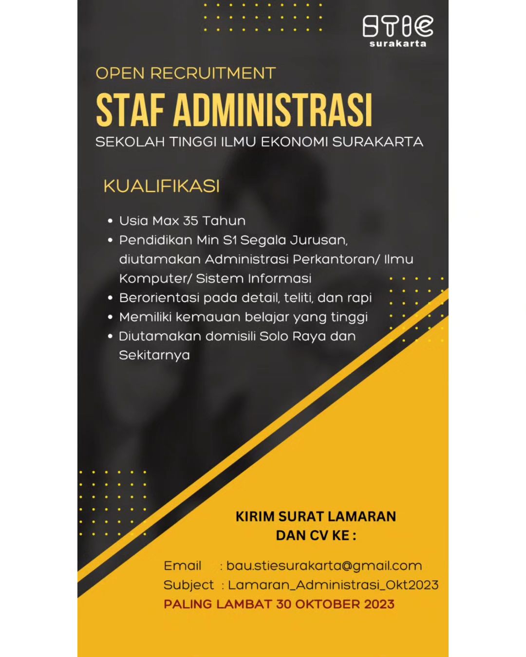Lowongan Kerja Oktober 2023 Staff Admin STIE Surakarta - INFO LOKER SOLO