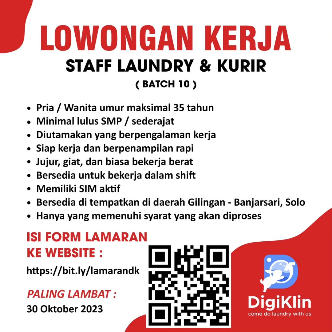 Lowongan Kerja Oktober 2023 Staff Laundry Digiklin di Solo - INFO LOKER ...