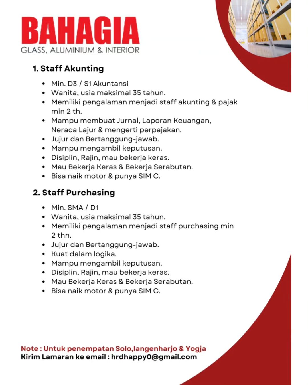 Lowongan Kerja Oktober 2023 Team Bahagia Glass Aluminium di Solo - INFO ...