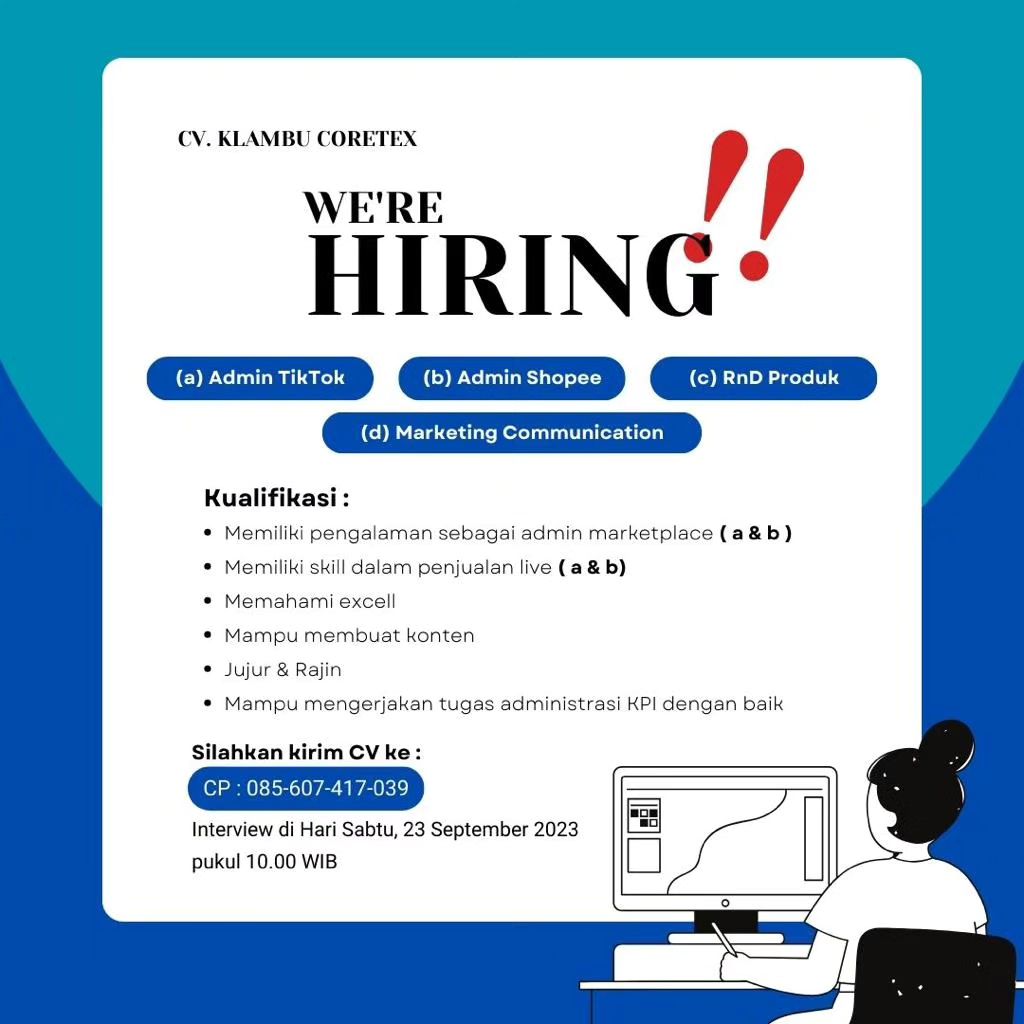 Lowongan Kerja September 2023 Team CV Klambu Coretex di Solo - INFO ...