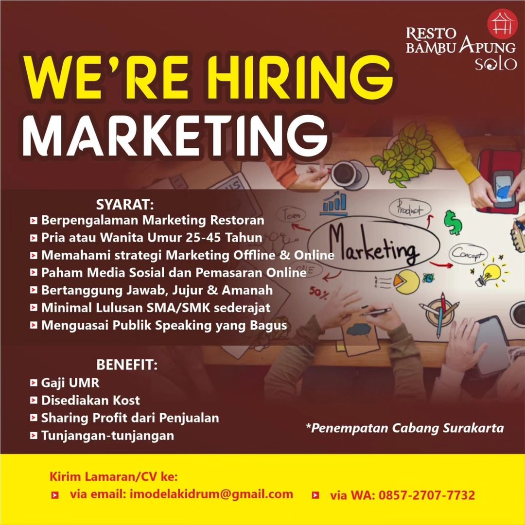 Lowongan Kerja Oktober 2023 Marketing Resto Bambu Apung di Solo - INFO ...