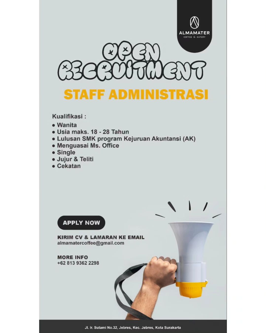 Lowongan Kerja Oktober 2023 Staff Admin Almamater Coffee Eatery di Solo ...