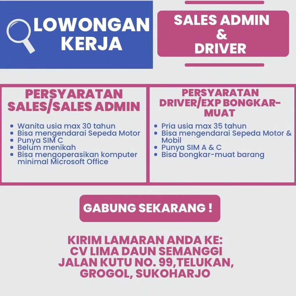 Lowongan Kerja Oktober 2023 Staff Admin CV Lima Daun Semanggi Solo ...