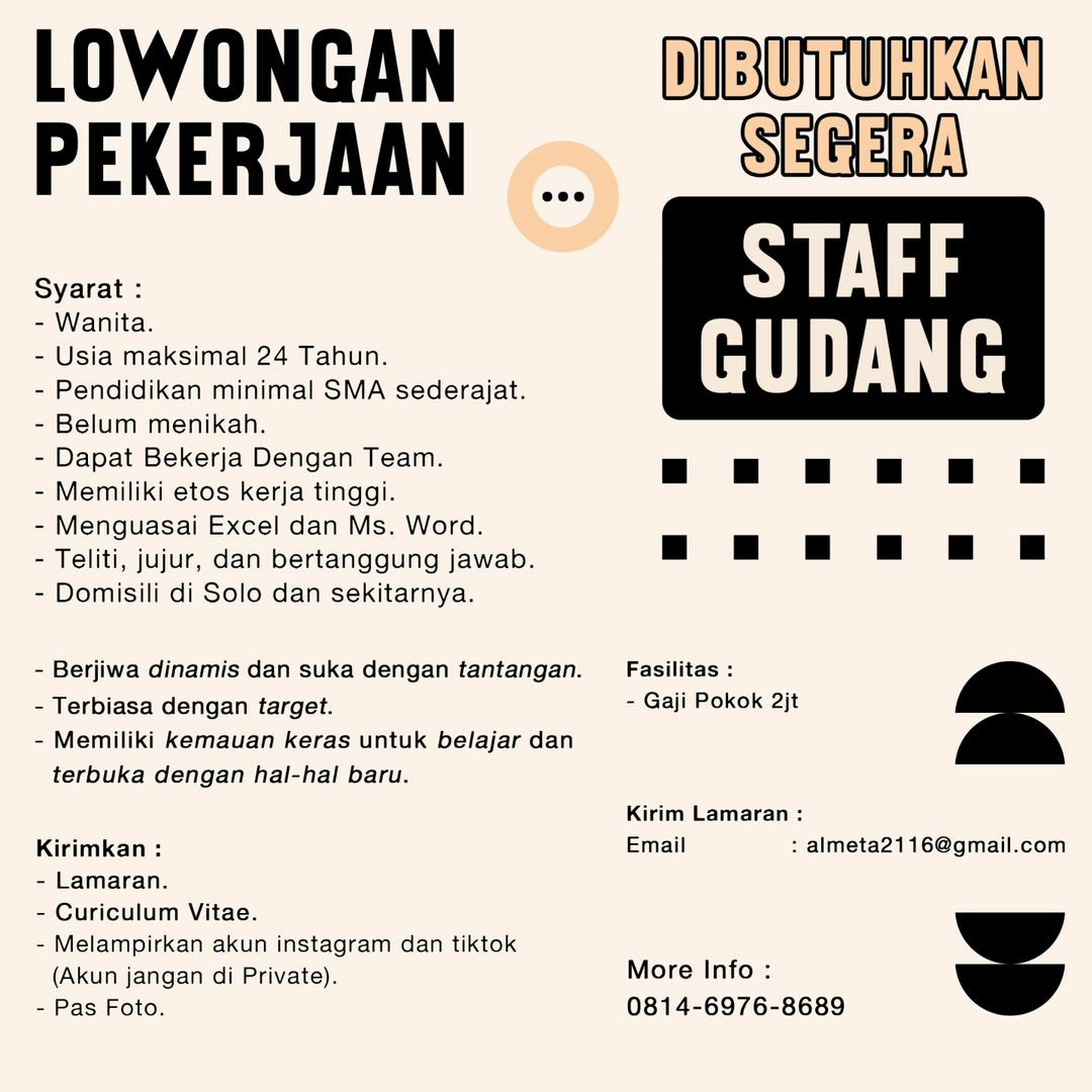 Lowongan Kerja Desember 2023 Staff Gudang Almeta di Solo - INFO LOKER SOLO
