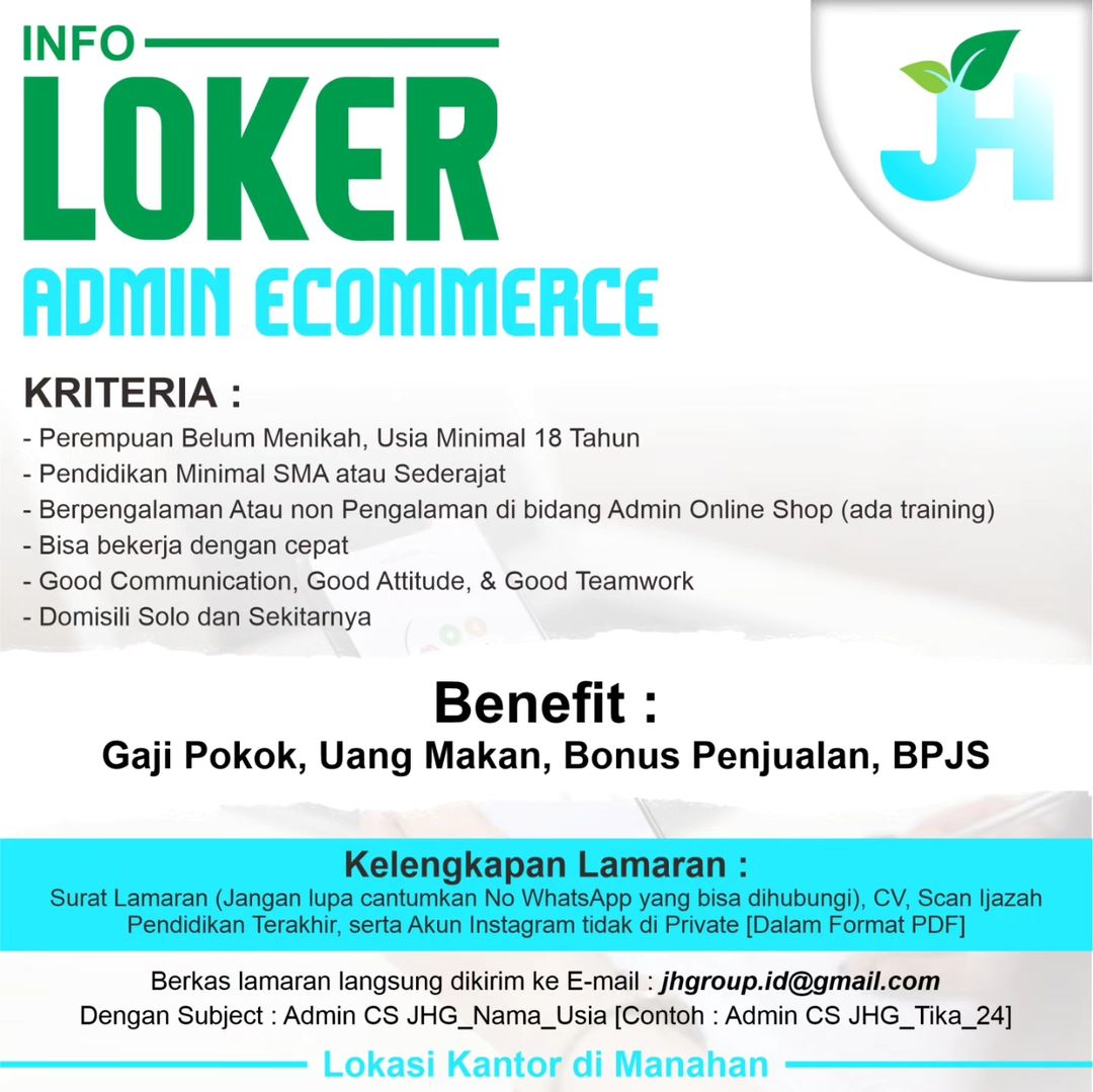 Lowongan Kerja November 2023 Admin JH Group di Solo - INFO LOKER SOLO