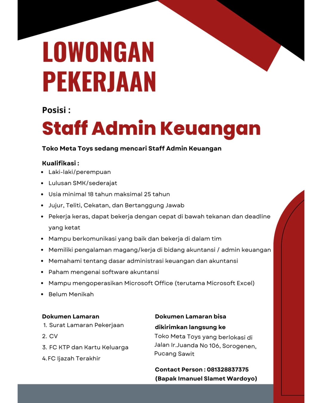 Lowongan Kerja Januari 2024 Admin Keuangan Toko Meta Toys di Solo ...