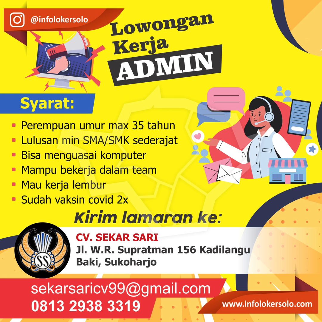 Lowongan Kerja Februari 2024 Admin CV Sekar Sari Sukoharjo - INFO LOKER ...
