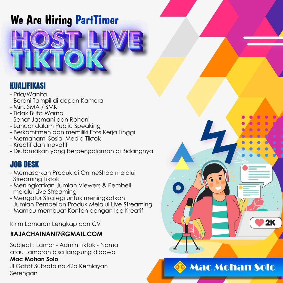 Lowongan Kerja Februari 2024 Host Live Mac Mohan di Solo - INFO LOKER SOLO