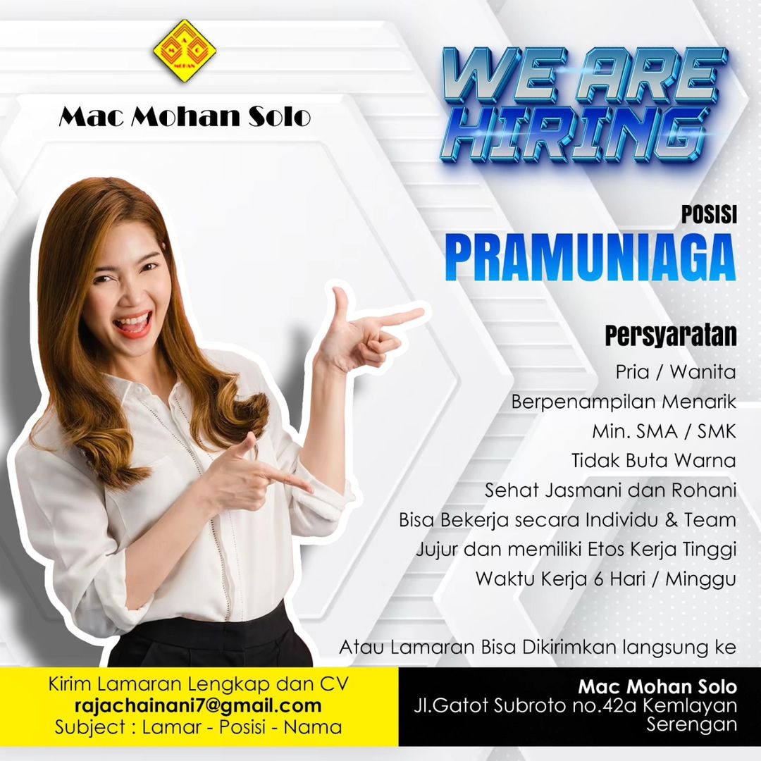 Lowongan Kerja Februari 2024 Pramuniaga Mac Mohan di Solo - INFO LOKER SOLO