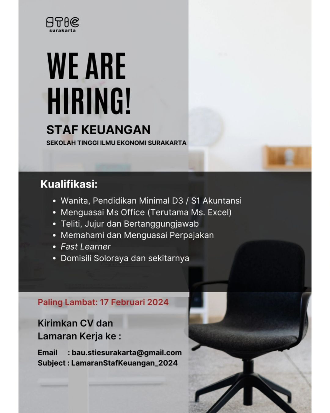 Lowongan Kerja Februari 2024 Staff Keuangan STIE Surakarta - INFO LOKER ...