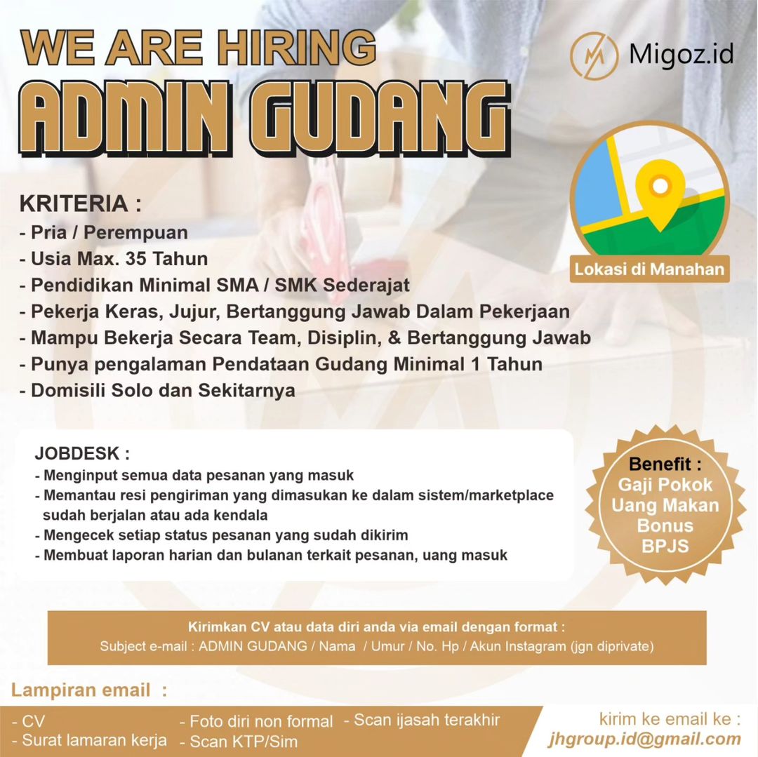 Lowongan Kerja April 2024 Admin Gudang Migoz ID di Solo - INFO LOKER SOLO