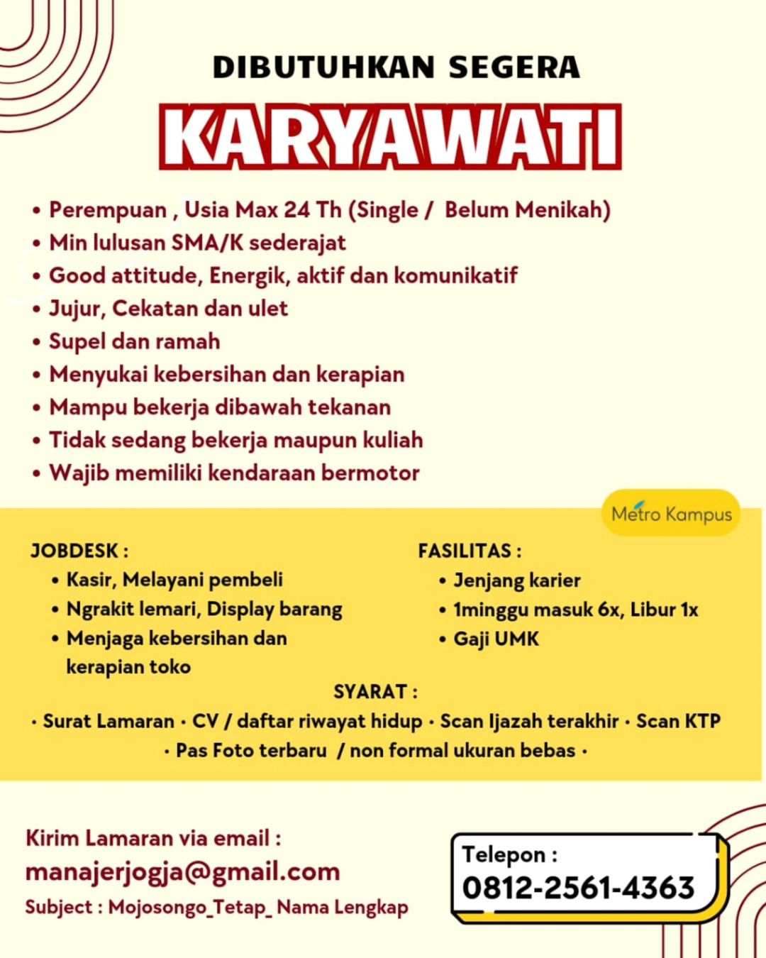 Lowongan Kerja April 2024 Crew Outlet Metro Kampus di Solo - INFO LOKER ...