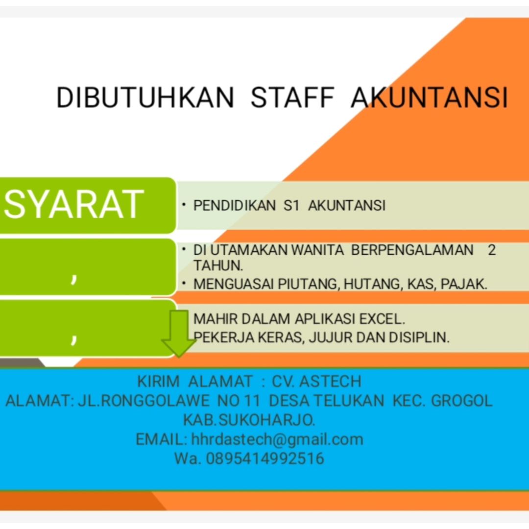 Lowongan Kerja Mei 2024 Accounting CV Astech di Solo - INFO LOKER SOLO