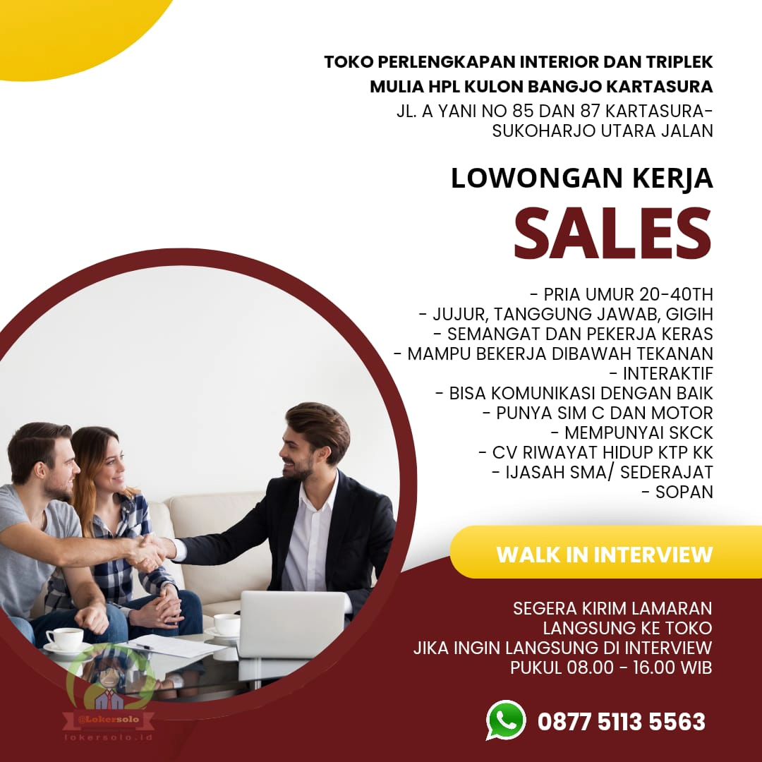 Lowongan Kerja Mei 2024 Sales Toko Triplek Mulia di Solo - INFO LOKER SOLO