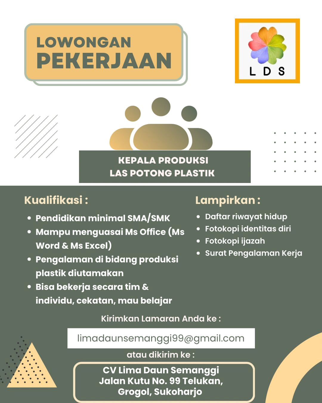 Lowongan Kerja Juni 2024 Kepala Produksi CV Lima Daun Semanggi di Solo ...