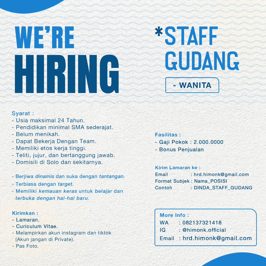 Lowongan Kerja Juni 2024 Staff Gudang Himonk di Solo - INFO LOKER SOLO