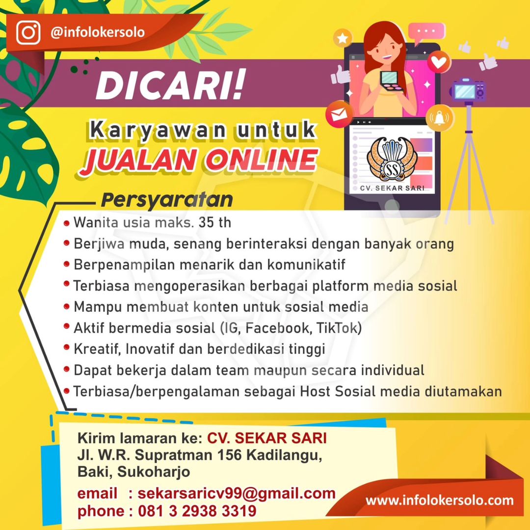Lowongan Kerja Mei 2024 Host Live CV Sekar Sari Sukoharjo - INFO LOKER SOLO